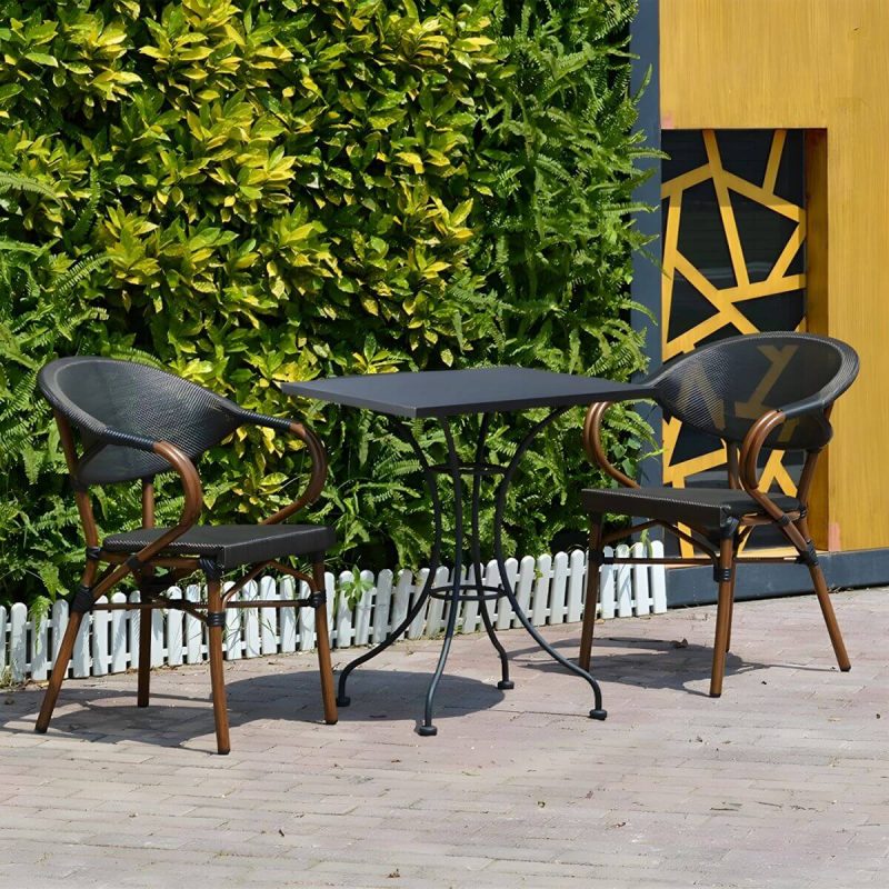 "Modern Brown Wicker/Rattan Patio Dining Set with Stackable Chairs, Metal Table Base - Table & Chair(s) 28"L x 28"W x 29"H 2"