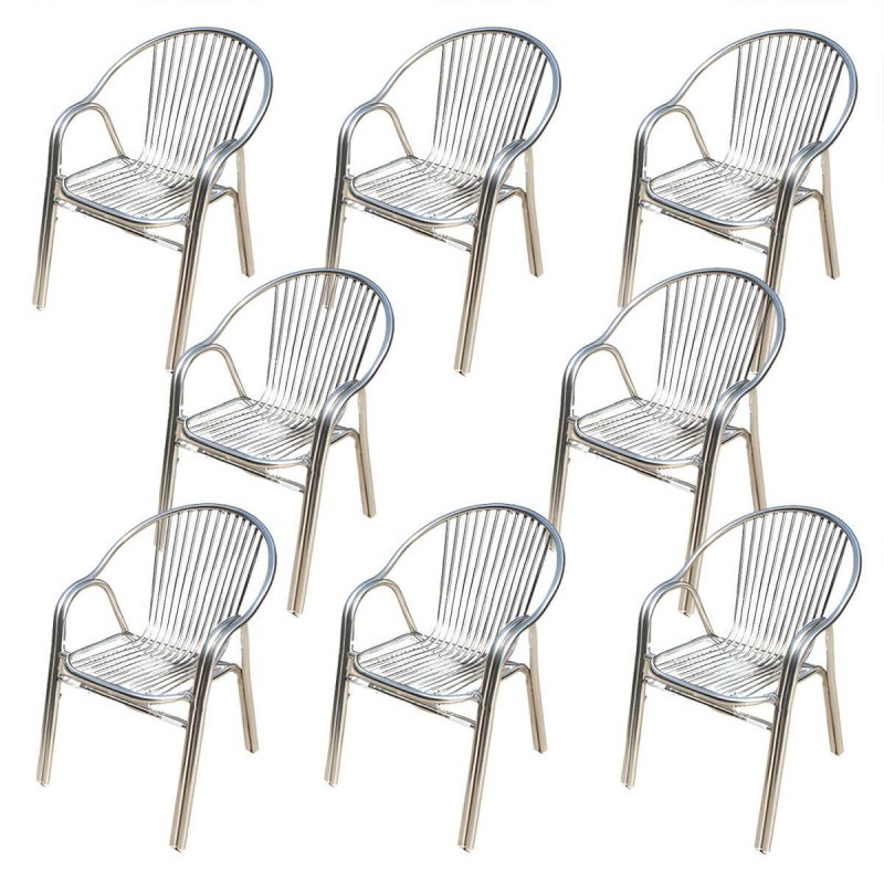 "Silver Modern Armchair Metal Stacking Dining Chairs with Arm - Silver 8 Piece Set"