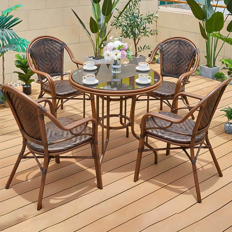 "Traditional Brown Metal Patio Dining Set with Rectangular Table - Table & 4 Chairs 31.5"L x 31.5"W x 29.5"H"