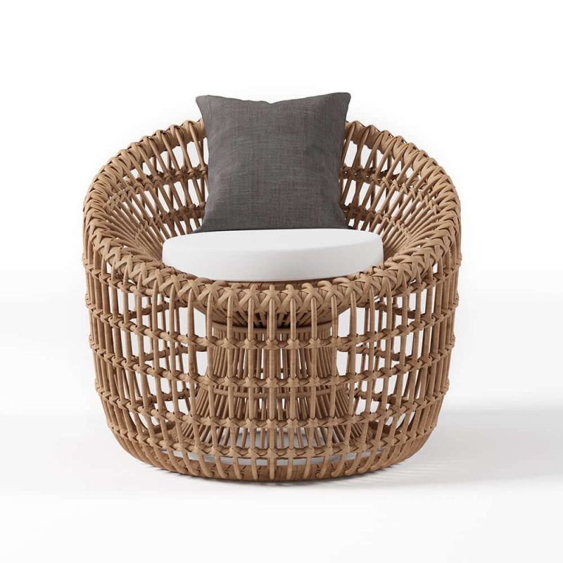"Austen Rattan Outdoor Barrel Chair Nest Shape Sidechair with Cushion in Brown"