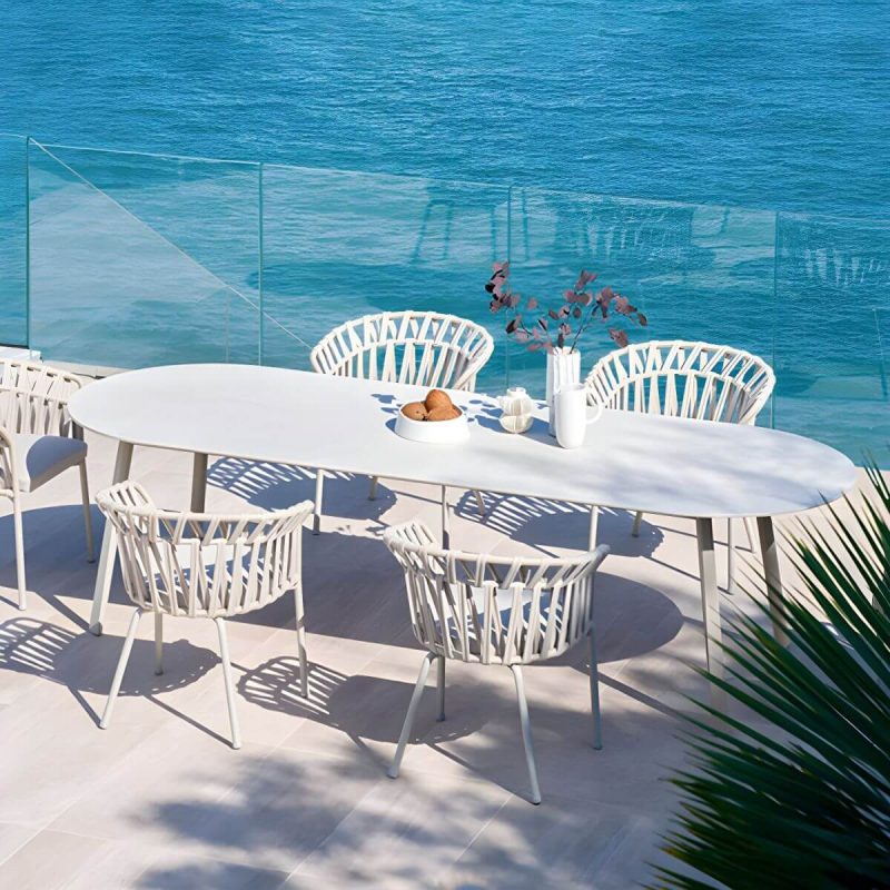 "Contemporary Style Stone Patio Table Oval Shape with Metal Legs in Grey/White - Table Only 94.5"L x 39.4"W x 29.5"H White"