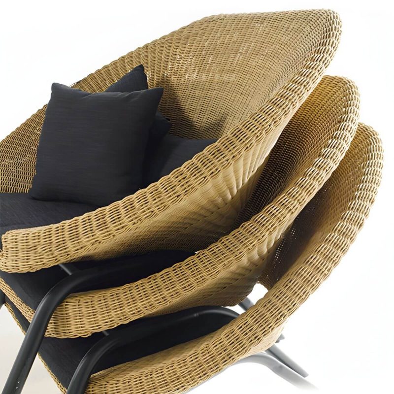 "Waterproof Wicker/Rattan Modern Sofa with Upholstered Black Cushions and Pillows - 2-Seater Sofa"