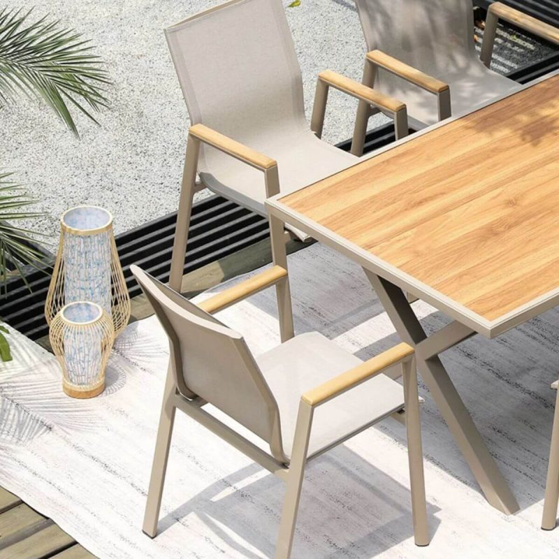 "Composite Wood 7-Piece Patio Dining Set for 6 People, Rectangular Wood Color Table, Non-flammable, 59.1"L x 35.4"W x 29.5"H, Table & 6 Chairs"