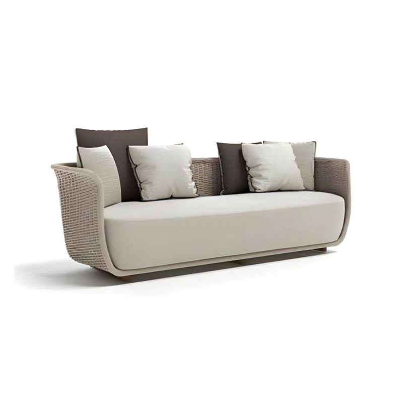 "Waterproof Wicker/Rattan Modern Sofa with Upholstered Cushions and Pillows - Teak Frame - Apricot 3-Seater Sofa"