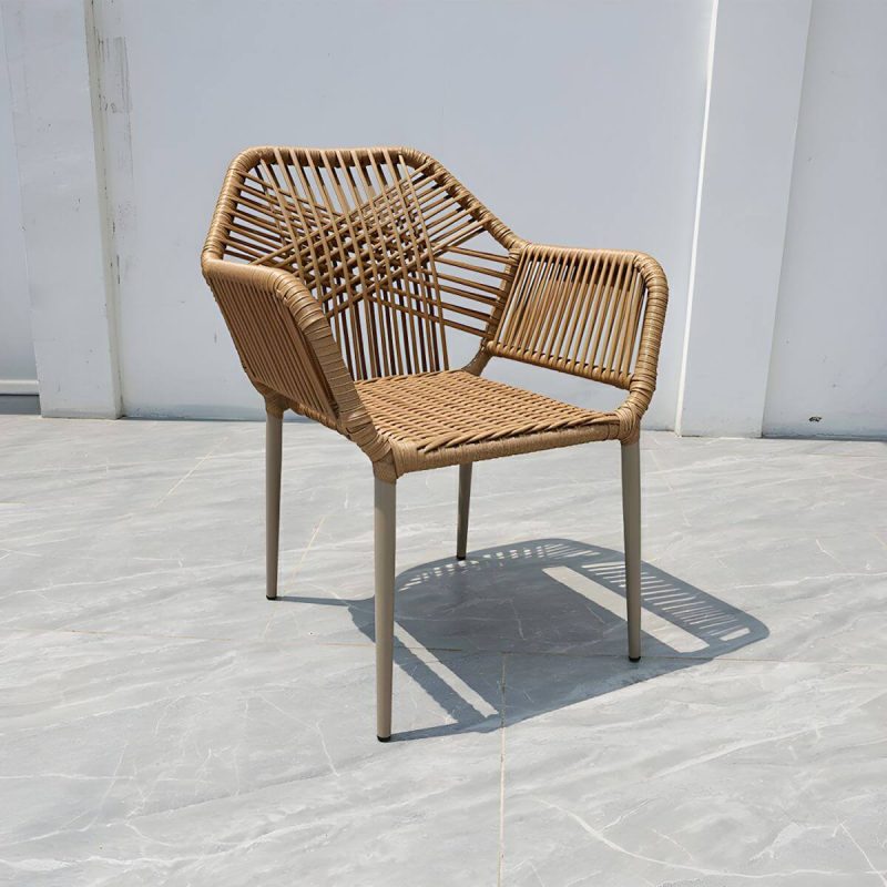 "Modern Metal Arm Chair with Beige Plastic Back and Stackable Design for Patio Dining - Brown 4 Piece Set"