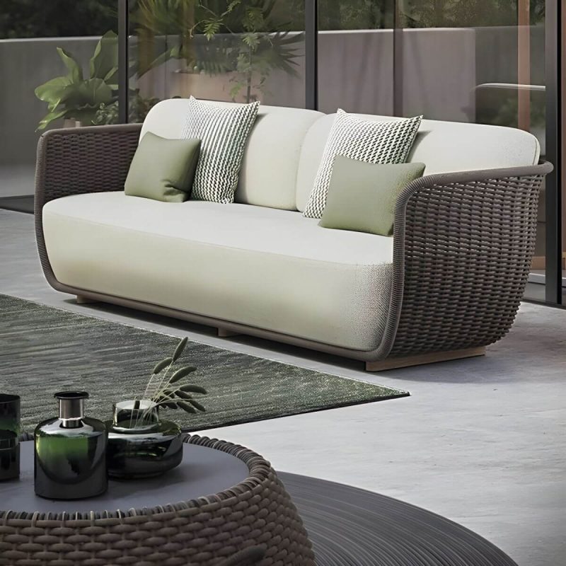 "Waterproof Wicker/Rattan Modern Sofa with Upholstered Cushions and Pillows - Teak Frame - Apricot 3-Seater Sofa"