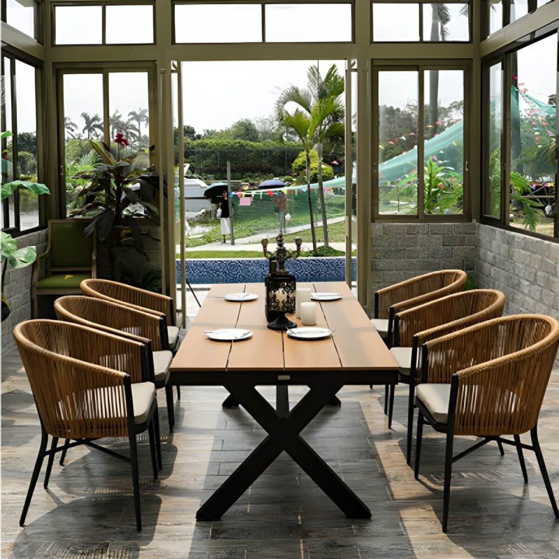 "Brown Wooden Patio Table Contemporary Style in Rectangular Shape - Table Only 63"L x 30"W x 28"H"