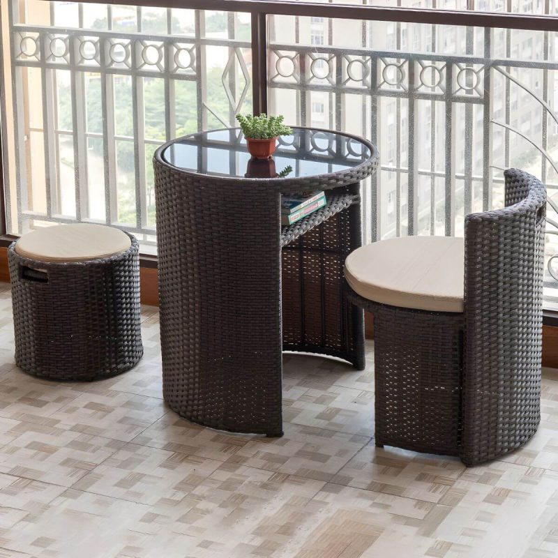 "Round Shape Dining Room Chair and Table Set with 2 Woven Chairs - Table & Chair(s) 2 Brown"
