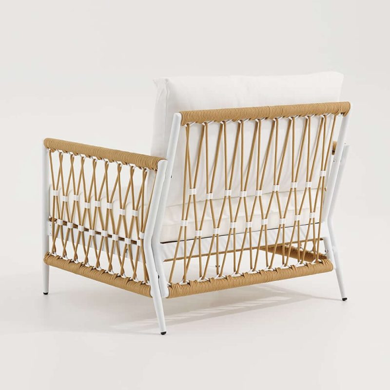 "Ropipe Outdoor Armchair with Hand Woven Rope & White Polyester Cushion"