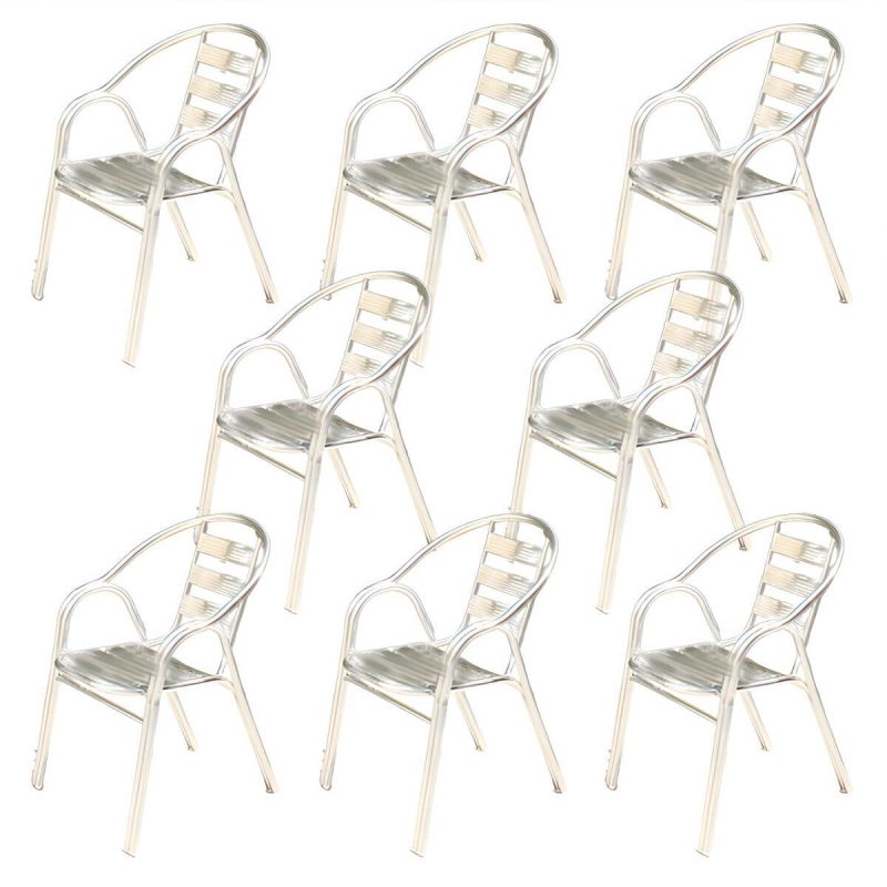 "Silver Modern Armchair Metal Stacking Dining Chairs with Arm - White-Silver 8 Piece Set"