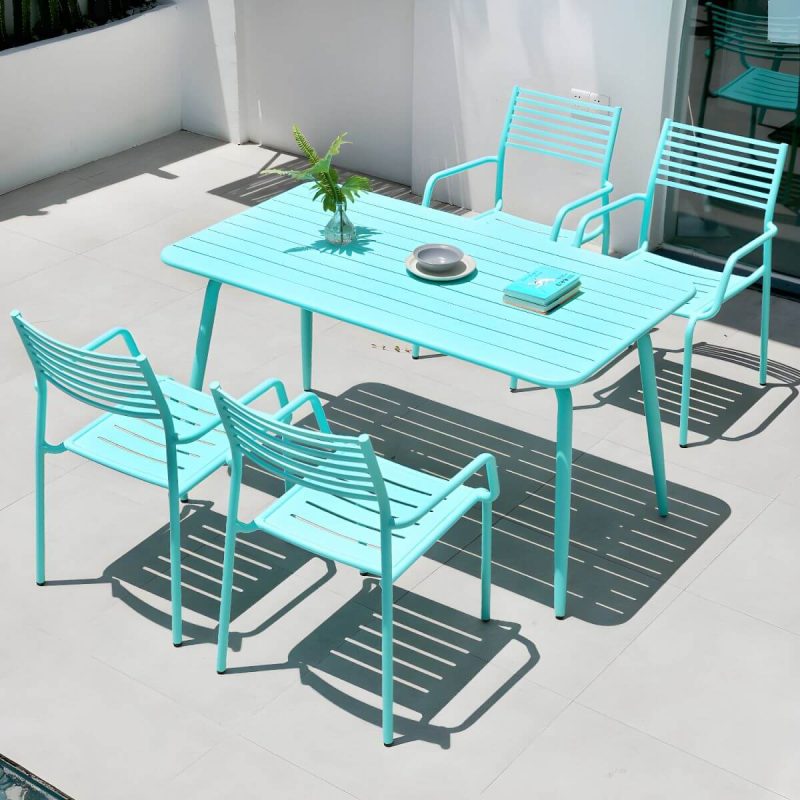 "Metal Modern Standard Height Dining Room Chair and Table Set with Chairs - Table & Chair(s) 55"L x 31"W x 29"H 4 Blue"