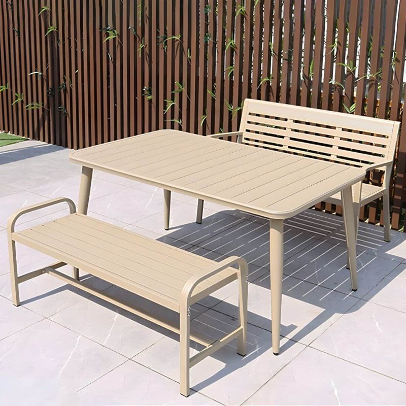 "Sleek Metal Outdoor Dining Set Rectangular Table with 2 Stylish Benches - Table & 2 Benches 59"L x 35"W x 29"H Khaki"