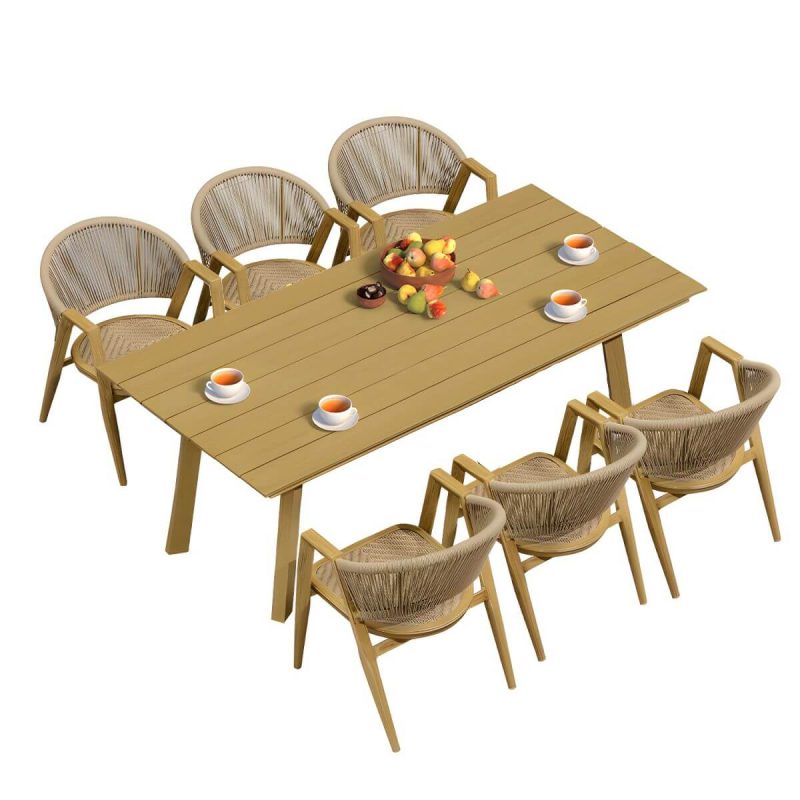 "Mid-Century Modern Metal Patio Dining Set with Non-Upholstered Wicker Chairs - Table & 6 Chairs 81"L x 39"W x 28"H Natural"