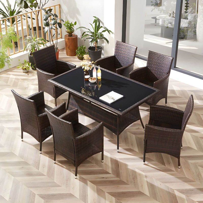 "Modern Style Dining Set Glass Top 5/7 Pieces Water Resistant Dining Set - Table & Chair(s) 6 Rectangular Black-Brown"