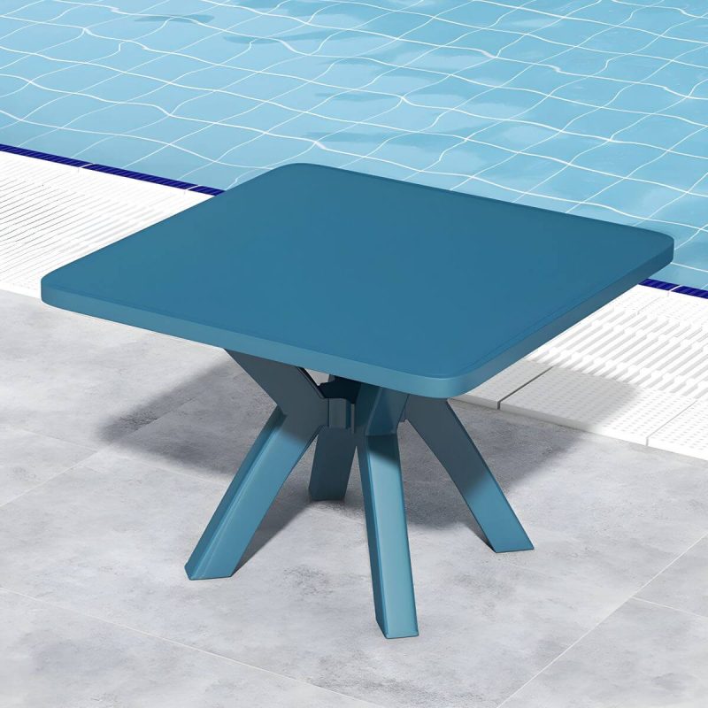 "Minimalistic Square Dining Table Plastic Outdoor Dining Table - Blue Table Only"