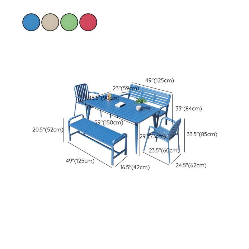 "Dimension of Sleek Metal Outdoor Dining Set Rectangular Table with 2 Stylish Benches - Table & 2 Chairs & 2 Benches 59"L x 35"W x 29"H Khaki"