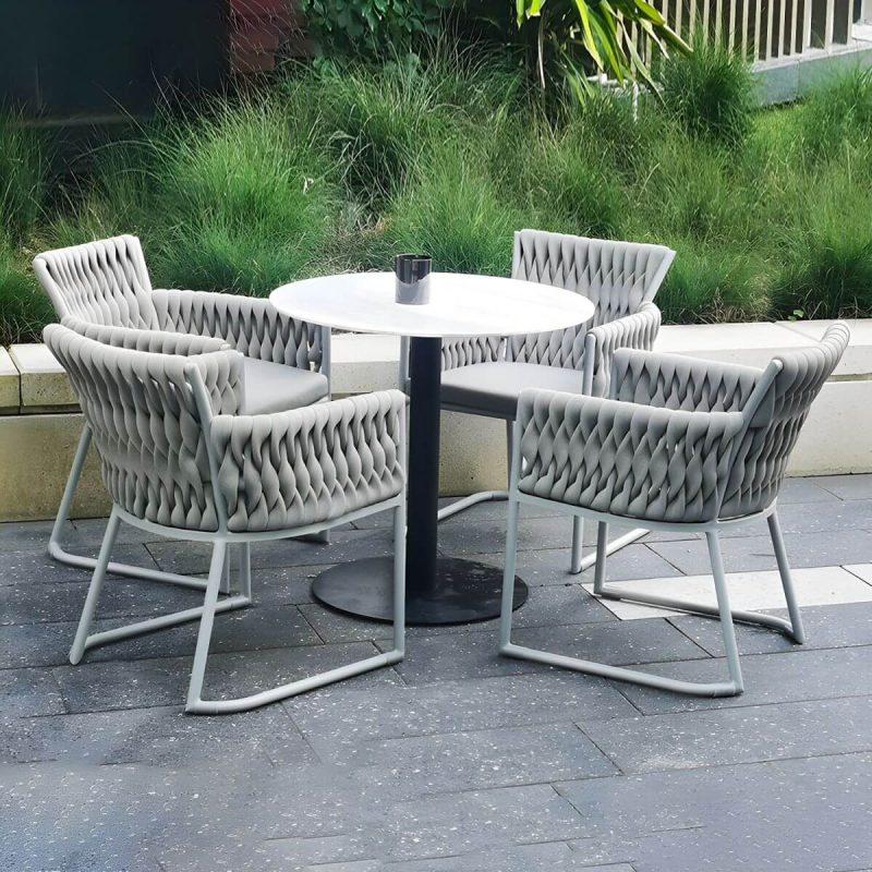 "Stone Patio Dining Table Set Metal Black Legs with Gray Cushion and Woven Chair Back - Table 19.7"L x 19.7"W x 23.5"H"