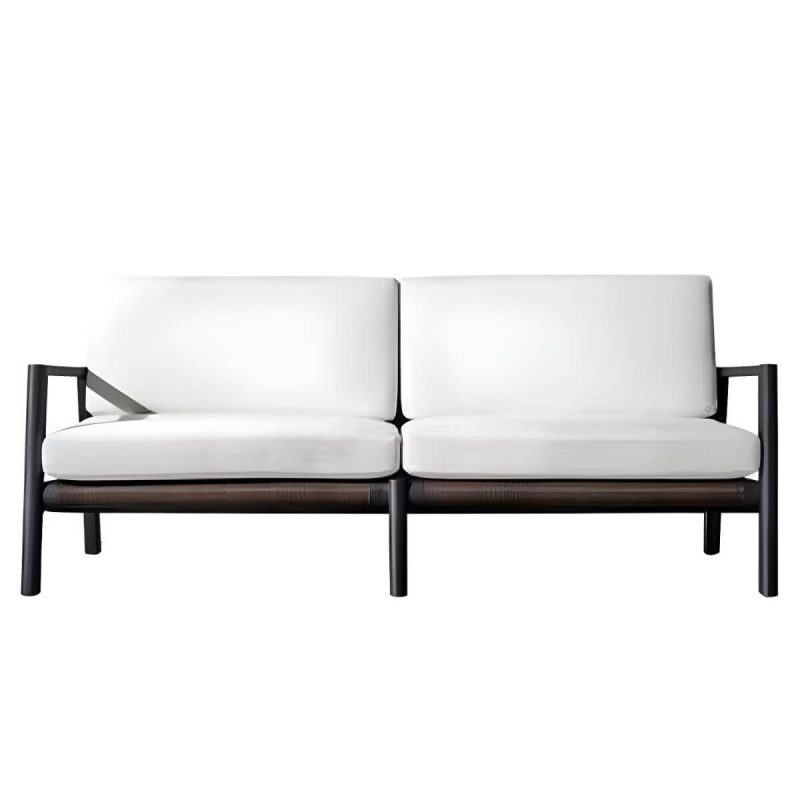 "Modern Metal Black Frame Symmetrical Sofa with White Upholstery and Removable Cushions - 2-Seater Sofa"
