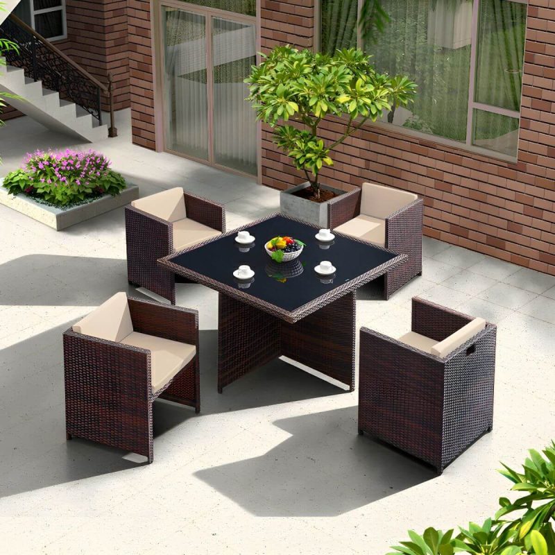 "Stylish Weatherproof Glass-top Patio Dining Set with Upholstered Chairs - Table & Chair(s) 47.2"L x 47.2"W x 29.5"H 4 Brown"