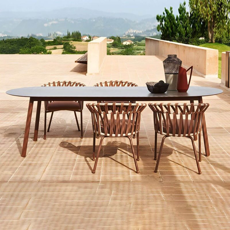 "Contemporary Style Stone Patio Table Oval Shape with Metal Legs in Grey/White - Table Only 55.1"L x 31.5"W x 29.5"H Gray"