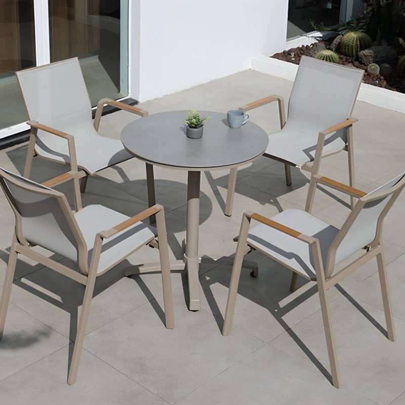 "Modern Outdoor Patio Table UV Resistant Dining Table with Metal Frame - Table Only 35.4"L x 35.4"W x 28.7"H Natural Finish Round"