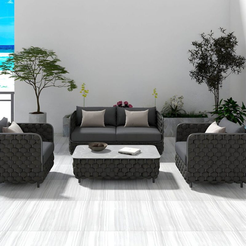 "Black Contemporary Sofa Water Resistant with Cushions for Outdoor - 2-Seater Sofa"