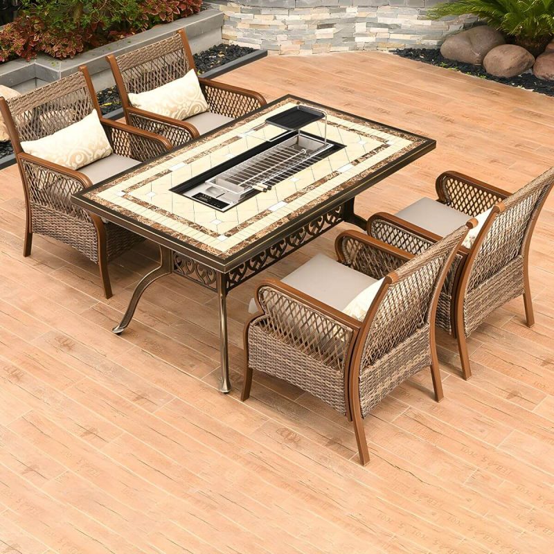 "Traditional Brown Wicker Arm Chair with Metal Legs for Patio Dining - Rust Resistant - 4 Piece Set"