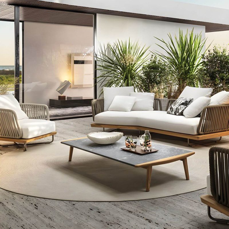 "Tropical Patio Sofa Wood With Cushions Beige Fabric Water Resistant Outdoor Patio Sofa - 60"L x 64"W x 32"H"