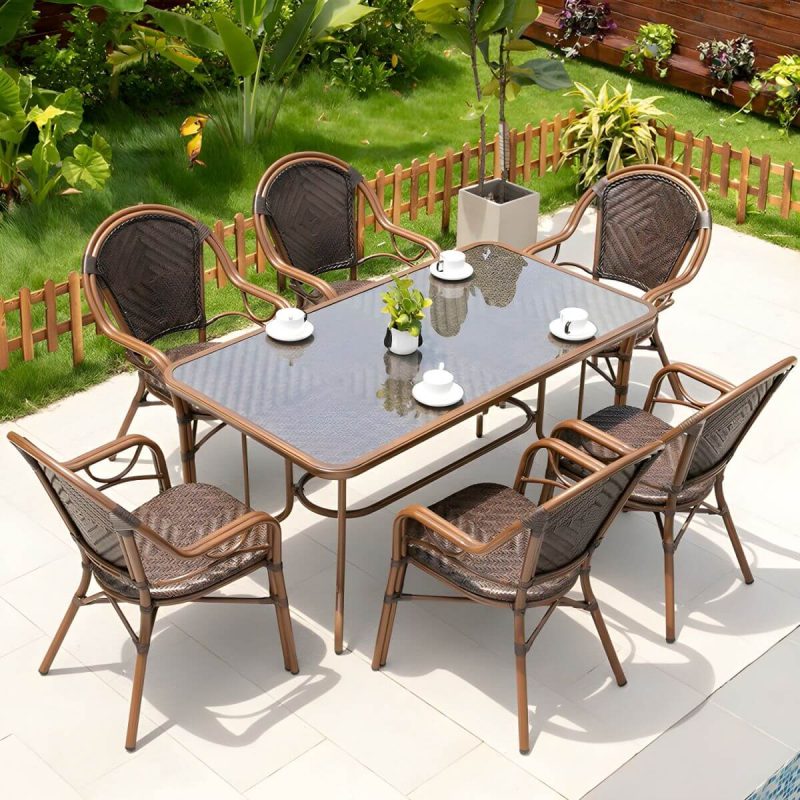 "Contemporary Dining Table Set with Brown Woven Chair for Courtyard - Table & Chair(s) 31.5"L x 31.5"W x 28.3"H 4"