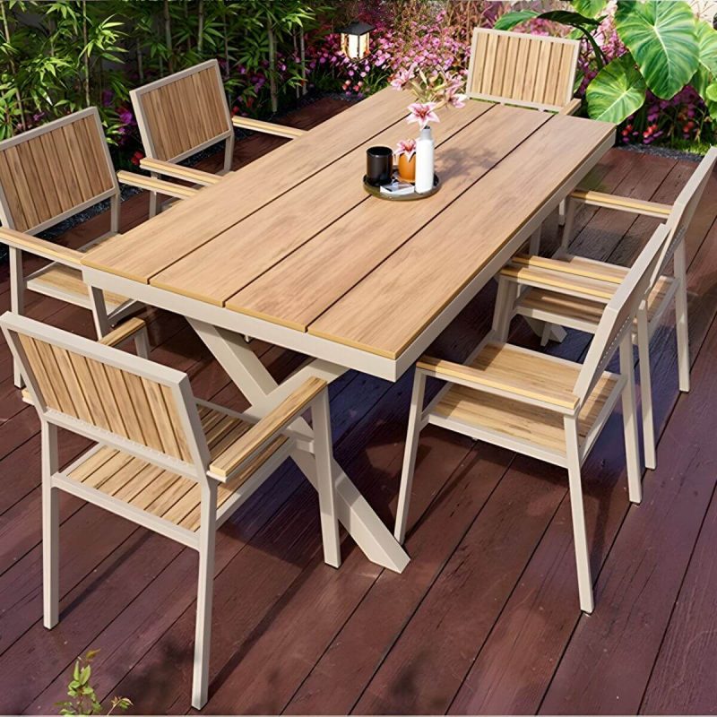 "Modern Wood Patio Dining Table with Aluminum Frame in Gray Color - Table Only 70.9"L x 35.4"W x 29.5"H Natural Finish Rectangular"