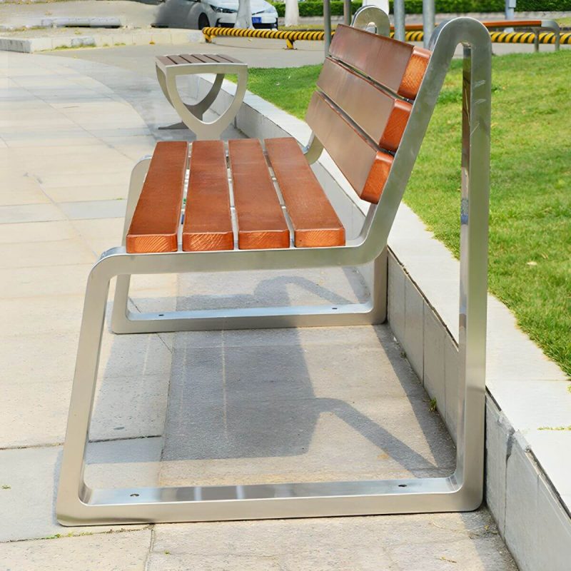 "Stainless Steel Metal Park Bench with Brown Wood Seating and Back - Dark Brown"