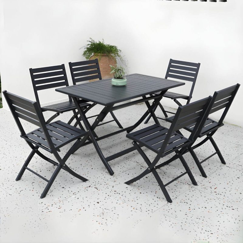 "Metal Modern Folding Patio Dining Set with Strap Back Chairs - Table & Chair(s) 47.2"L x 27.6"W x 28.5"H 6 Black"