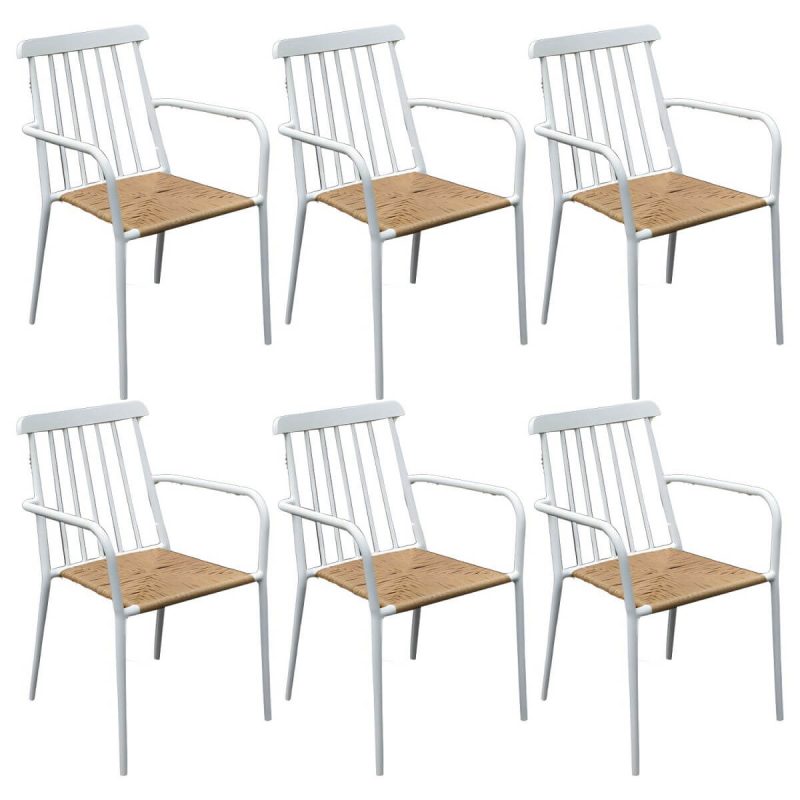 "Tropical Metal Arm Chair with Corrosion Resistant Construction for Outdoor Dining - White 6 Piece Set"