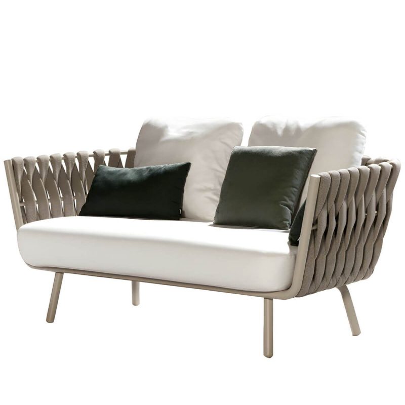 "Gray Metal Framed Modern Sofa with White Upholstery and Cushions - Light Gray 2-Seater Sofa"
