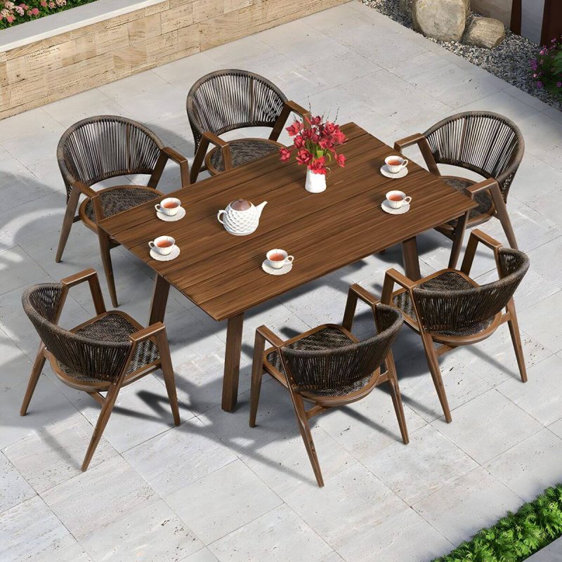 "Mid-Century Modern Metal Patio Dining Set with Non-Upholstered Wicker Chairs - Table & 6 Chairs 63"L x 39"W x 28"H Nut-Brown"