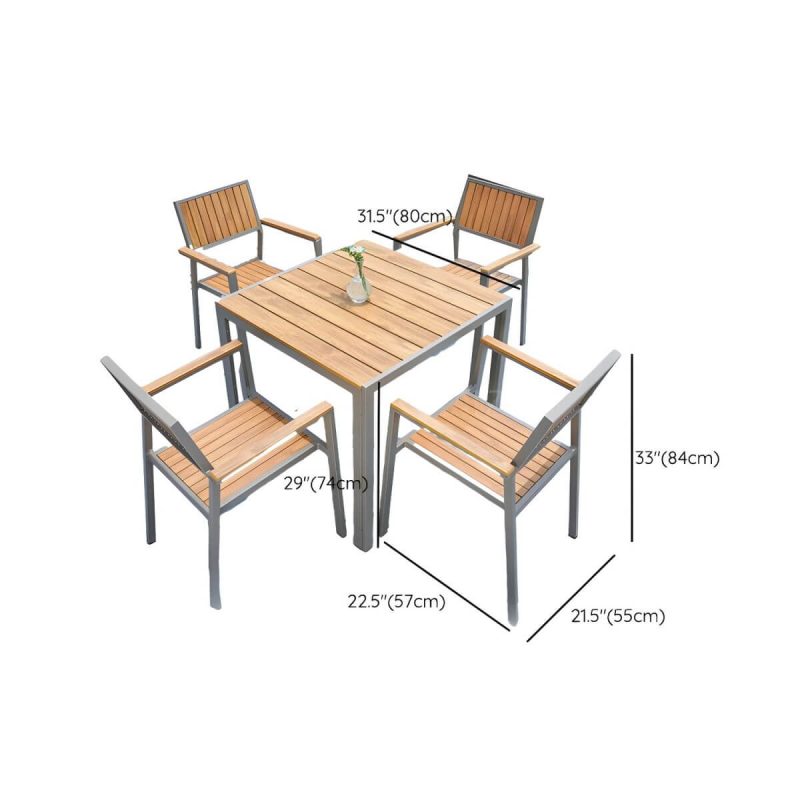 "Dimension of Brown Metal Wood 5-Piece Patio Dining Set with Rectangular Table and 4 Chairs - Natural Finish Table & 4 Chairs 31.5"L x 31.5"W x 29.1"H Square"