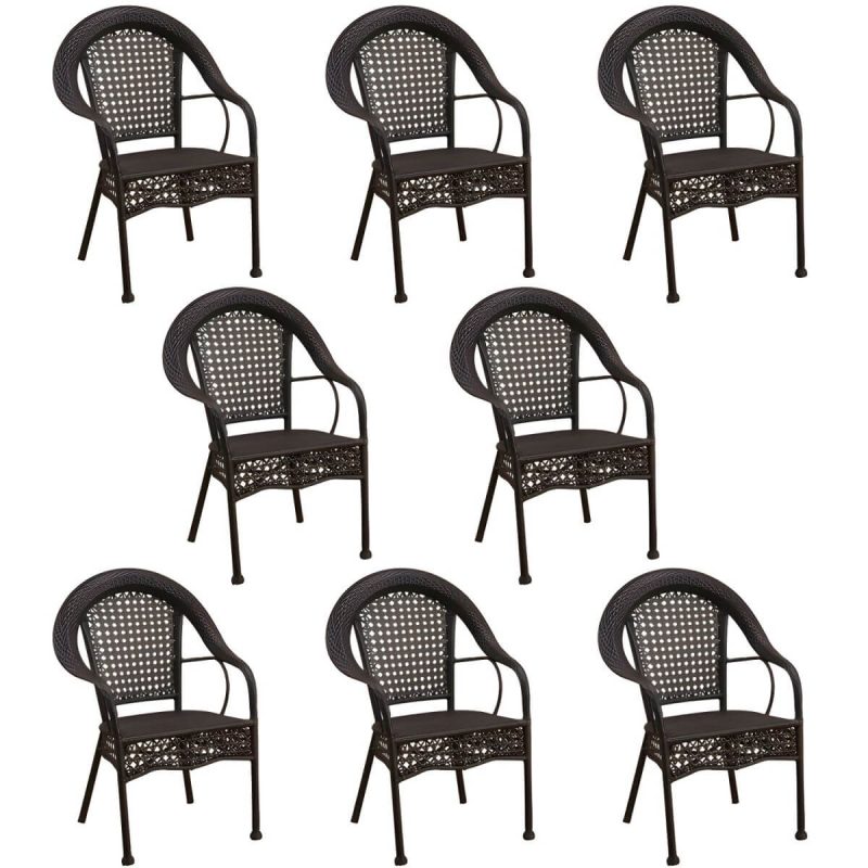 "Modern Metal Frame Stacking Dining Chair with Arm Water Resistant - Black 8 Piece Set"