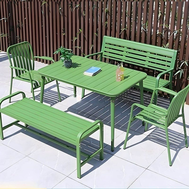 "Sleek Metal Outdoor Dining Set Rectangular Table with 2 Stylish Benches - Table & 2 Chairs & 2 Benches 47"L x 31"W x 29"H Green"