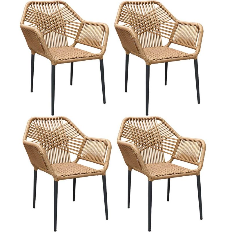 "Modern Metal Arm Chair with Beige Plastic Back and Stackable Design for Patio Dining - Brown 4 Piece Set"