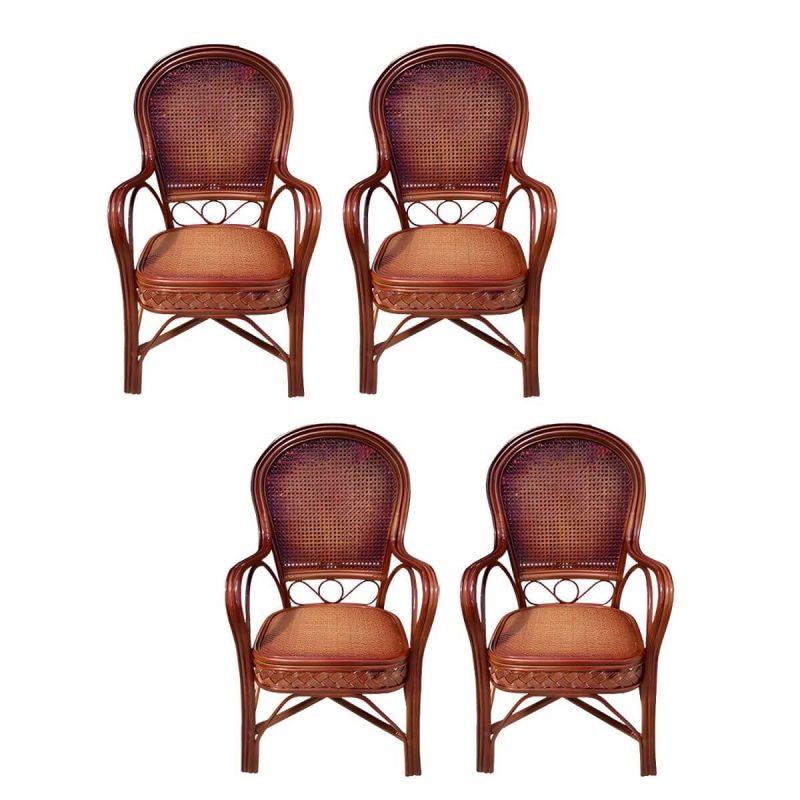 "Traditional Patio Dining Armchair in Rattan Single Outdoor Chair - Red Brown Rattan Weaving 4 Piece Set"