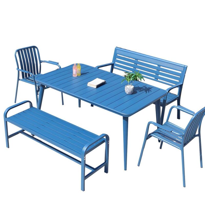 "Sleek Metal Outdoor Dining Set Rectangular Table with 2 Stylish Benches - Table & 2 Benches 59"L x 35"W x 29"H Red"