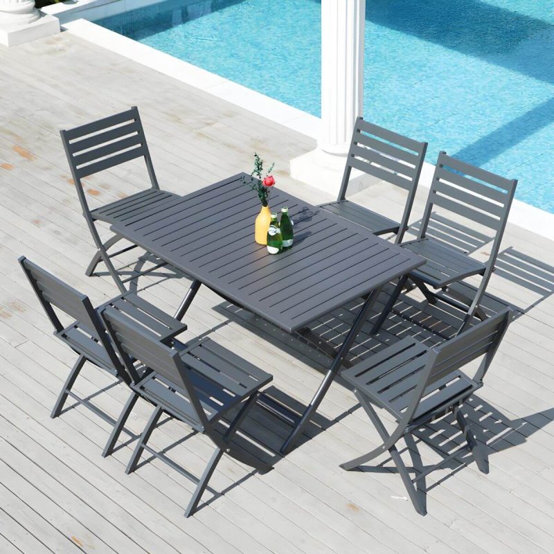 "Metal Modern Folding Patio Dining Set with Strap Back Chairs - Table & Chair(s) 27.6"L x 27.6"W x 28.3"H 4 Champagne"