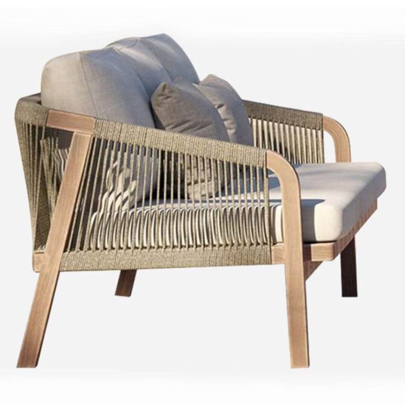 "4-piece Outdoor Sofa Conversation Set with Textile Upholstery, Caramel Natural Wood Table, Sofa, White Pillow, UV Resistant, 4-Piece Set(2 Chairs & 1 3-person Sofa & 1 Coffee Table)"