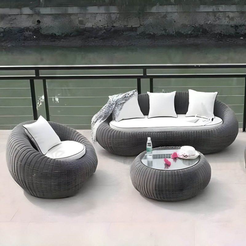 "Glass Coffee Table Included Courtyard Sofas Rattan Weaving Modern in Grey - 3-Piece Set(2 Chairs & 1 Coffee Table)"