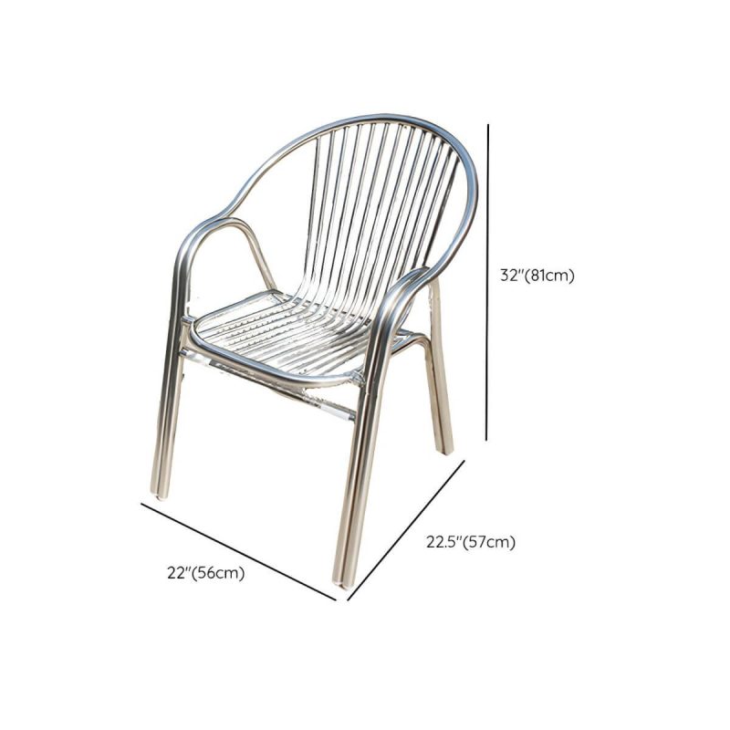 "Dimension of Silver Modern Armchair Metal Stacking Dining Chairs with Arm - Silver 2 Piece Set"