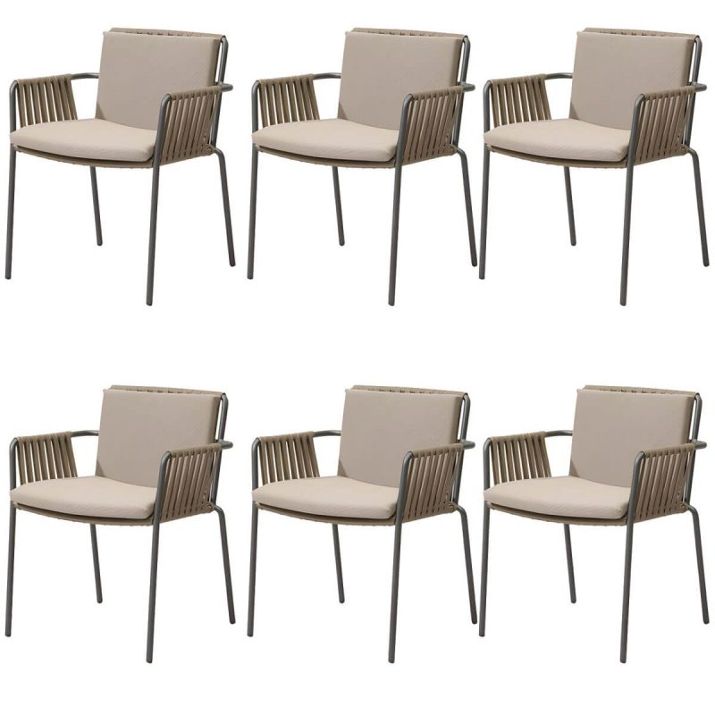 "Modern Dining Armchair with Cushions and Arm Water Resistant - Brown 6 Piece Set Rattan"