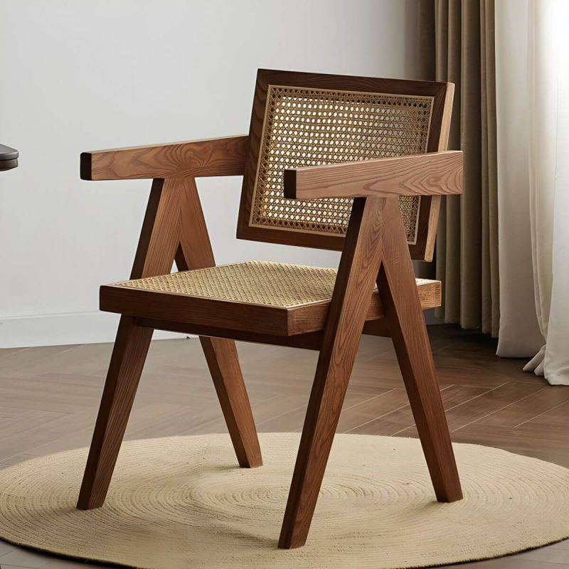 "Vine Woven Modern Courtyard Dining Chairs solid Wood Frame for Outdoor - Walnut With Arms"