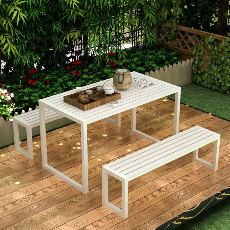 "Metal Modern Weatherproof Patio Dining Set with Stackable Chairs and Bench - Table & Bench(es) 2 White"