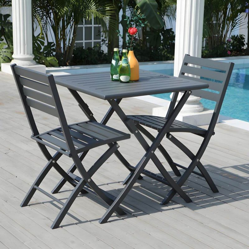 "Metal Modern Folding Patio Dining Set with Strap Back Chairs - Table & Chair(s) 28"L x 28"W x 29"H 2 Champagne"