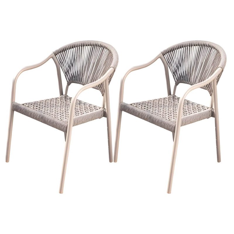 "Modern Stackable Brown Metal Arm Chair with Wicker Back for Patio Dining - 2 Piece Set"